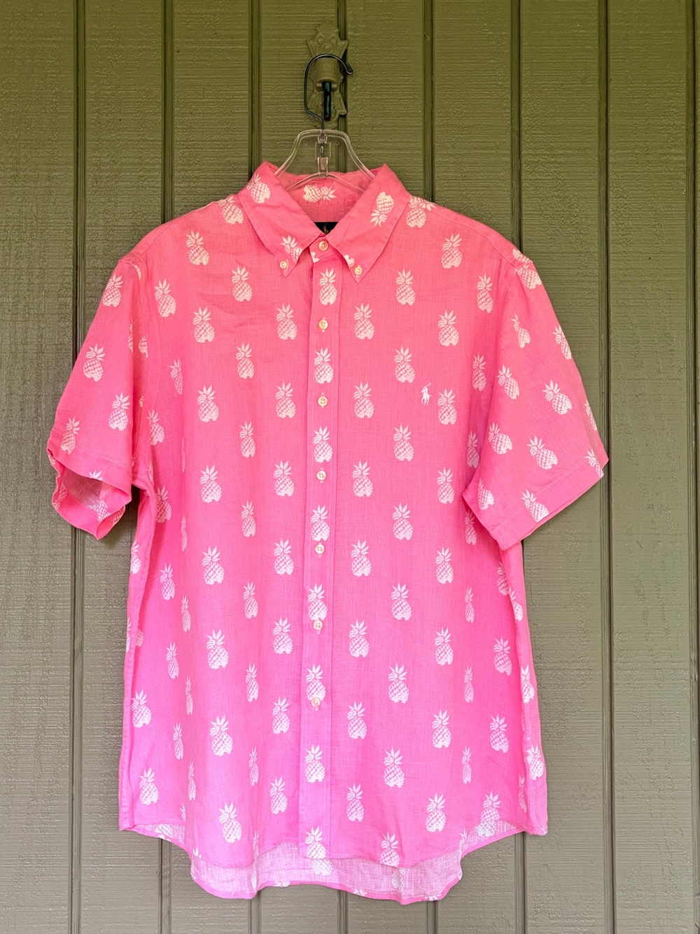 Polo Ralph Lauren Men's Pink Linen Pineapple Print Short Sleeve Shirt - Large